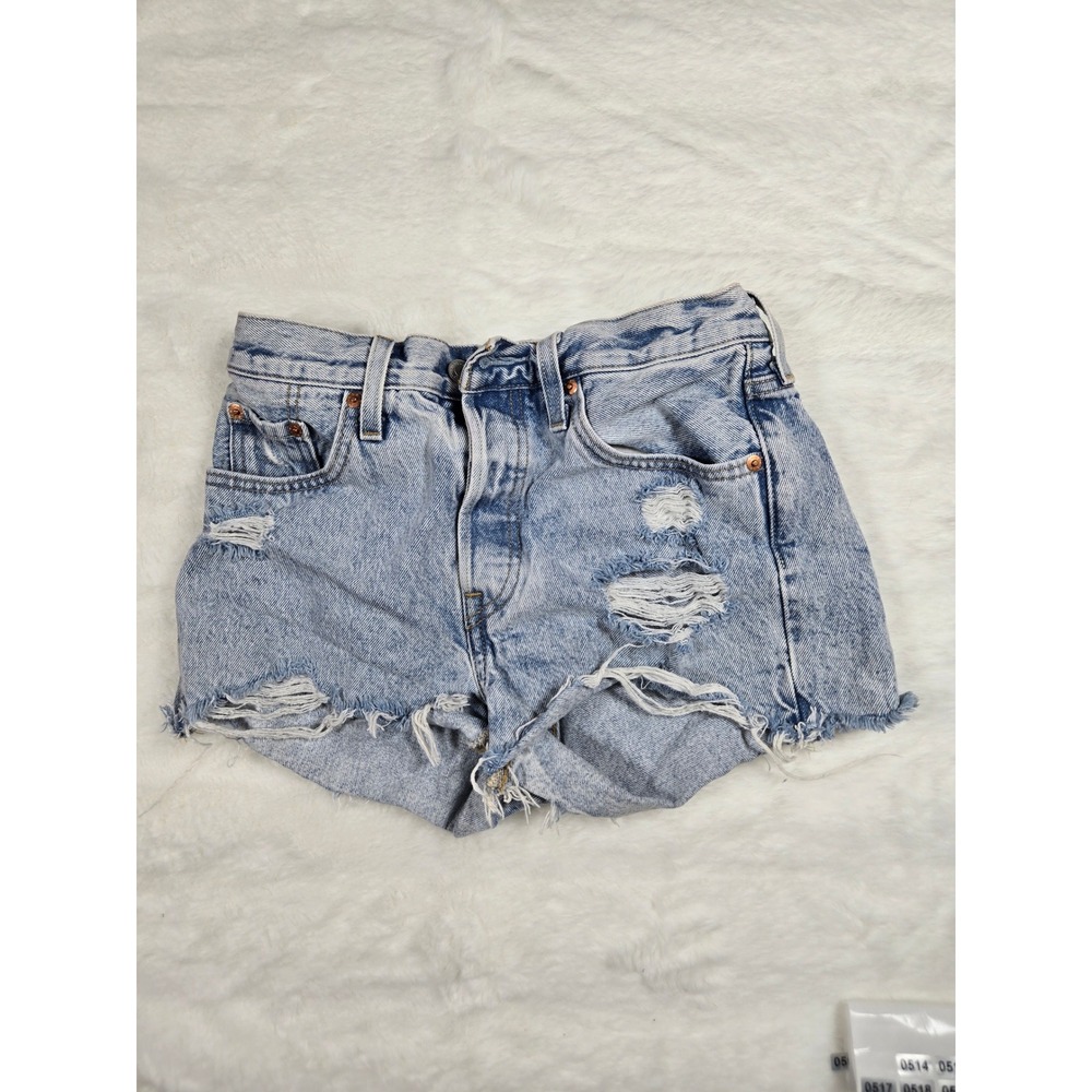 Levis Premium 501 Original Distressed Denim‎ Shorts Light Wash Button Fly W25